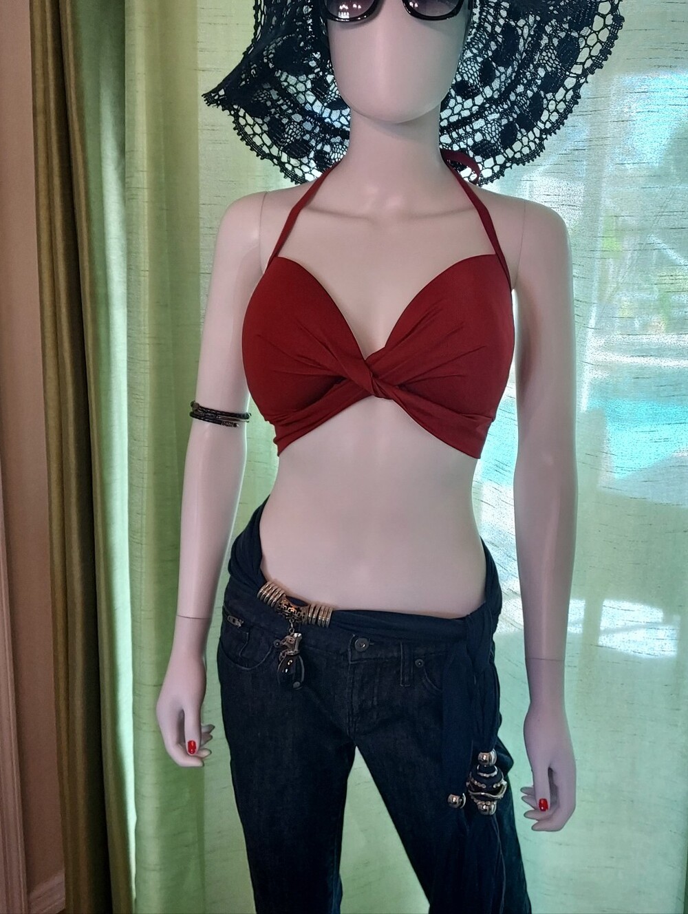 Shade & Shore Twist Front Halter Bathingsuit/ Crop Top: Underwire : Crimson 36DD